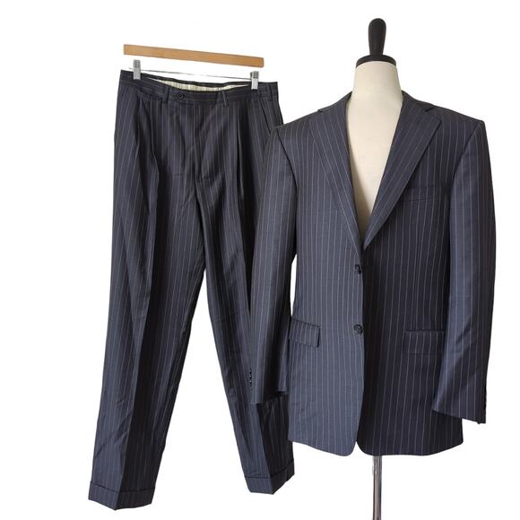 Ermenegildo Zegna Striped Blazer Suit Jacket Pants 50R Italy Wool Gray Blue Coat